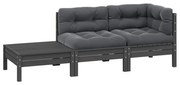 vidaXL 3 pcs conj. lounge jardim c/ almofadões pinho maciço cinzento