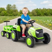Trator Elétrico para crianças de 12V com Reboque Desmontável Comando à Distância Faróis LED Buzina Música Arranque Verde