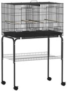 PawHut Gaiola para Pássaros com Divisória Rodas Gaiola para Aves com Comedouros Poleiros e Bandeja Removível 76x46x116 cm Preto | Aosom Portugal