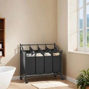 Cesto para roupa suja com rodas, 4 x 35 L, com 4 sacos removíveis 87,5 x 38,5 x 67/81 cm preto