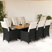 9 pcs conjunto de jantar p/ jardim c/ almofadões vime PE preto