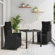 vidaXL Conjunto de Jantar para Jardim com almofada 3 pcs Preto vime PE