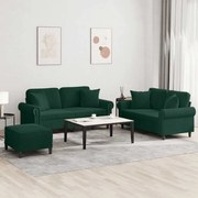 vidaXL 3 pcs conjunto de sofás com almofadas veludo verde-escuro