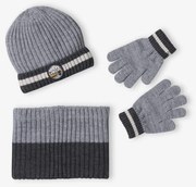 Conjunto gorro + gola snood + luvas «Montanhas», para menino cinza mesclado