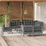 9 pcs conjunto lounge de jardim + almofadões pinho maciço cinza