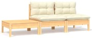 3 pcs conjunto lounge jardim c/ almofadões creme pinho maciço