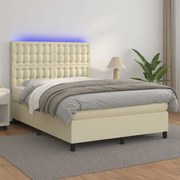 Cama box spring c/ colchão/LED 140x200cm couro artificial creme