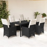 7 pcs conjunto de jantar p/ jardim c/ almofadões vime PE preto