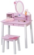 HOMCOM Toucador Infantil com Banco e Espelho Mesa de Maquilhagem Infantil Estilo Princesa de Madeira 59x39x92cm Rosa