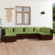 6 pcs conjunto lounge de jardim c/ almofadões vime PE castanho