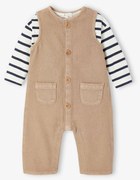 Conjunto camisola + macacão às riscas, para bebé noz pecã