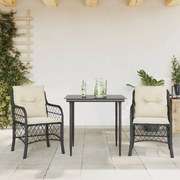vidaXL 3 pcs conjunto de bistrô com almofadões vime PE preto