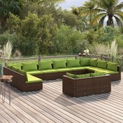 12 pcs conjunto lounge de jardim c/ almofadões vime PE castanho