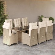 vidaXL 9 pcs conjunto de jantar p/ jardim com almofadões vime PE bege