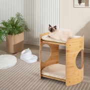 Torre para gatos pequenos de 2 níveis com estrutura de bambu Tapete de pelúcia macio amovível e lavável Buracos para gatos laváveis Bege