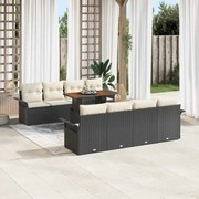vidaXL Conjunto de Sofá de Jardim de 9 Peças com Almofadas Pretas em Polirattan e Acácia