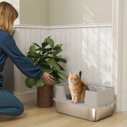 Caixa de Areia para Gatos em Aço Inoxidável XL Caixa de Areia para Gatos com Borda Alta e Pá 60x40x29,5 cm Cinzento