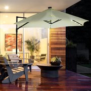 Chapéu de Sol Excêntrico Ø256x248 cm com Luzes LED Solar Mastro Giratório 360° Chapéu de Sol de Exterior com Manivela Manual Bege