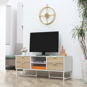 Móvel de TV de até 47 Polegadas Móvel de Sala de Estar Moderno com 4 Gavetas 2 Prateleiras Abertas e Orifício Passa Cabos 120x39x48cm Branco e Carvalh