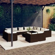 13 pcs conjunto lounge de jardim c/ almofadões vime PE castanho