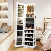 Armário giratório para joias 360°com espelho de corpo inteiro 43 x 38 x 160 cm iluminado e prateleiras traseiras 3 caixas Branco