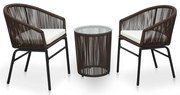 vidaXL 3 pcs conjunto de bistrô com almofadões vime PE castanho