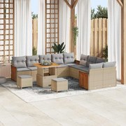 vidaXL Conjunto de sofá de jardim com 13 peças e almofadas em rattan sintético bege e madeira de acácia.