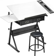 HOMCOM Mesa de desenho com banco e 2 gavetas, altura ajustável, tampo inclinável 0° a 60°, 120 x 60 x 68-92 cm, branco | Aosom Portugal