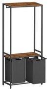 Cesto de roupa suja VASAGLE de 2 seções com 2 prateleiras, forros removíveis e cabideiro, 2 x 12,1 galões, 28,7 x 13 x 69,7 polegadas, marrom rústico e preto BLH231B02