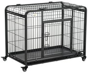 PawHut Gaiola de metal dobrável para cães com rodas e freios Bandeja removível e porta com travas 109,5x71x78 cm Cinza escuro | Aosom Portugal