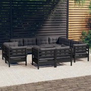 11 pcs conjunto lounge jardim c/ almofadões pinho maciço preto