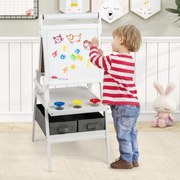 Quadro de brincar de pé de dupla face com quadro magnético e rolo de papel para quadro branco 3 copos e 2 baldes de pano - Branco