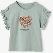 T-shirt com motivo romântico e mangas curtas com folho para menina verde-salva