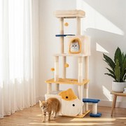 Arranhador para Gatos 85 x 42 cm x 159 cm com 2 Casas Percha de Pelúcia Removível Postes de Sisal para Arranhar Amarelo