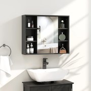 Móvel de casa de banho parede com espelho 60 x 14,5 x 49,4 cm, armário com portas e 6 compartimentos abertos, preto