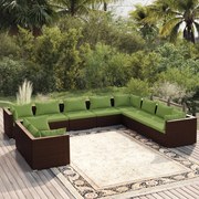 10 pcs conjunto lounge de jardim c/ almofadões vime PE castanho