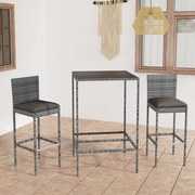 vidaXL 3 pcs conjunto de bar p/ jardim c/ almofadões vime PE cinzento