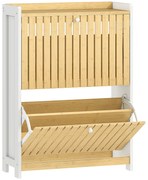 HOMCOM Sapateira Estreita com 2 Portas de Bambu Prateleiras Ajustáveis para 12 Pares de Sapatos  60x24x82,5 cm Branco e Madeira | Aosom Portugal