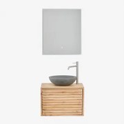 Conjunto De Móvel De Casa De Banho Suspenso 60x45 Cm Em Madeira Deleyna Madeira Natural & Cimento Cinzento Redondo Ø40 Cm Tarsis & Led - Sklum