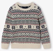 Camisola em jacquard, gola redonda, para menino branco estampado