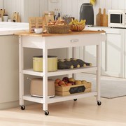 Carrinho de cozinha com bancada de madeira, gaveta, 2 prateleiras abertas, barra para pendurar e rodas com travão, natural e branco