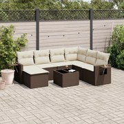 8 pcs conjunto sofás de jardim c/ almofadões vime PE castanho