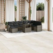 9 pcs conjunto sofás p/ jardim com almofadões vime PE cinzento
