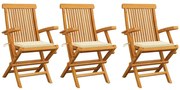 vidaXL Cadeiras de jardim c/ almofadões creme 3 pcs teca maciça