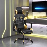 vidaXL Cadeira gaming c/ apoio pés couro artificial preto e dourado