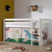 Cama alta de Criança PINO 90 x 200 cm + estrado + escada + cortina Dinossauro Branca