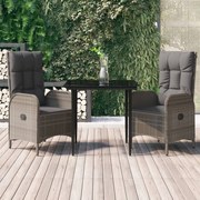 3 pcs conj. jantar p/ jardim c/ almofadões vime PE preto/cinza