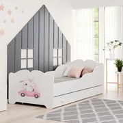 Cama infantil ANNA branca com gaveta 160x80 - gato rosa - colchão e estrado incluído