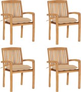 vidaXL Cadeiras de jardim empiháveis c/ almofadões 4 pcs teca maciça