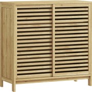 HOMCOM Armário de Casa de Banho em Bambu com 2 Portas de Correr Desenho com Ripas 4 Prateleiras Móvel Auxiliar de Arrumação 80x34x80 cm Madeira | Aosom Portugal